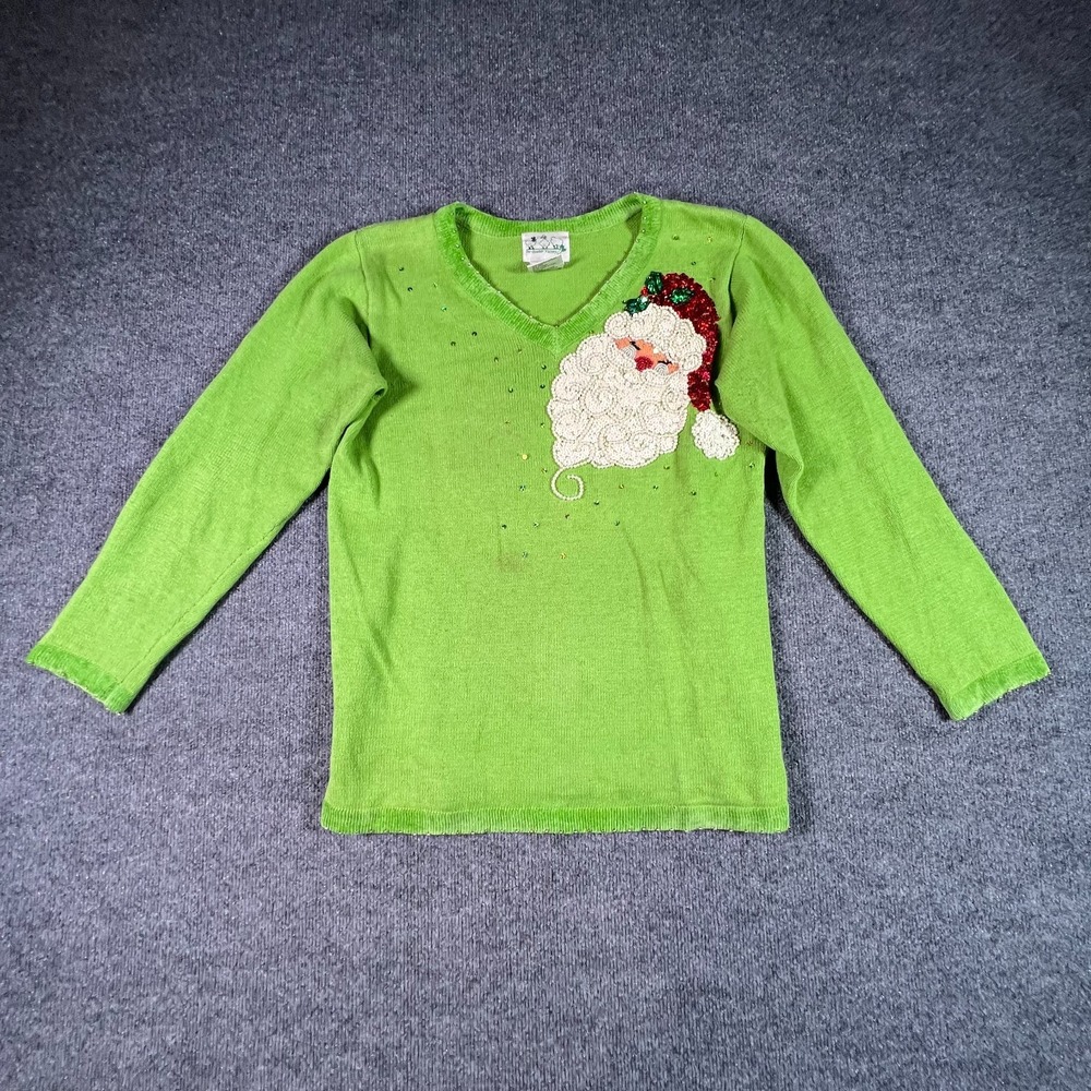 Vintage Quacker Factory Sweater Womens Small Green Santa Claus Sequin Christmas